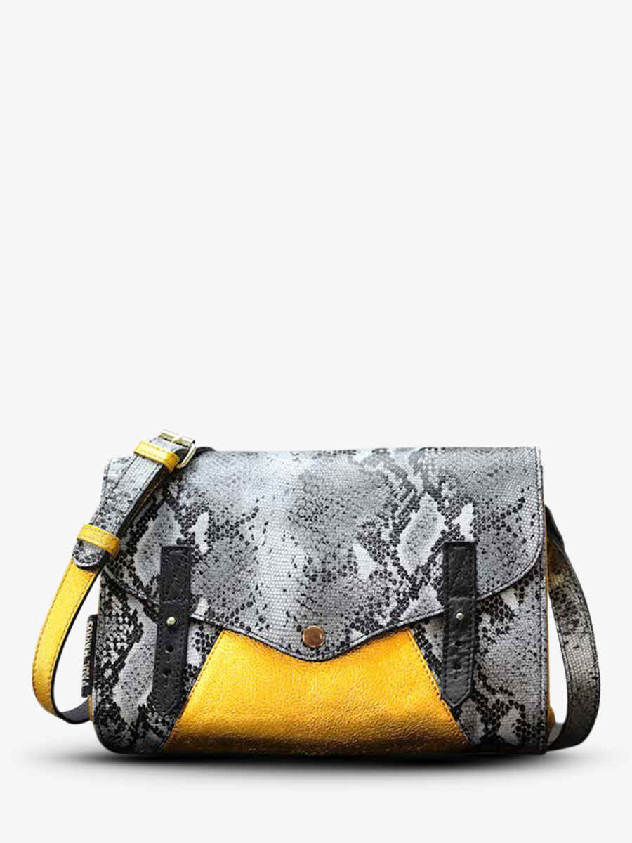 photo-vue-de-face-sac-bandouliere-cuir-femme-gris-jaune-lindispensable-python-granit-jaune-metallise-paul-marius-w08-p-w-mcy