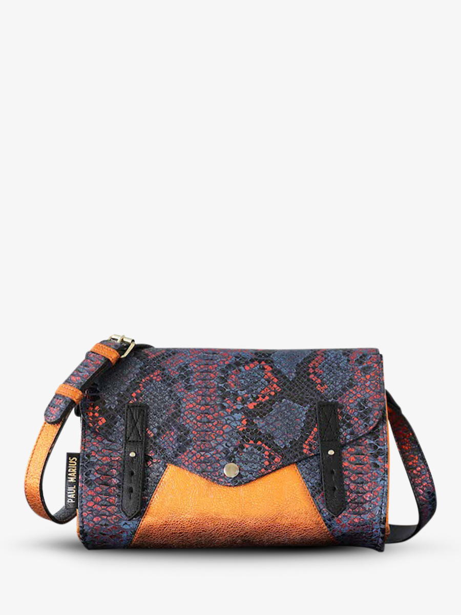 photo-vue-de-face-sac-bandouliere-cuir-femme-bleu-orange-lindispensable-python-abysse-orange-metallise-paul-marius-w08-p-ab-mco